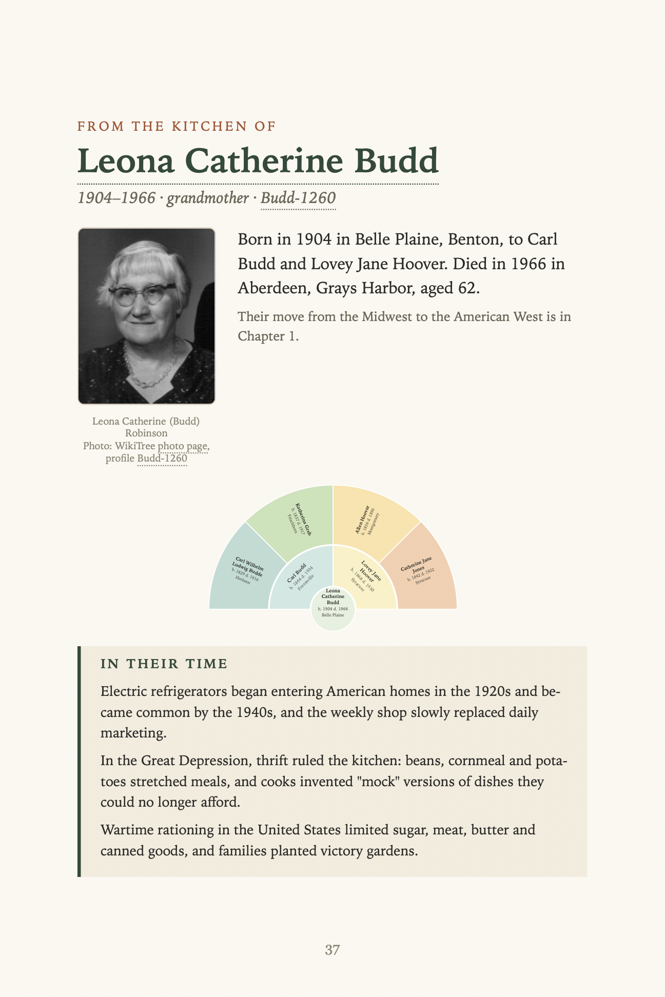 A cook's opening page with life facts, fan chart and kitchen history