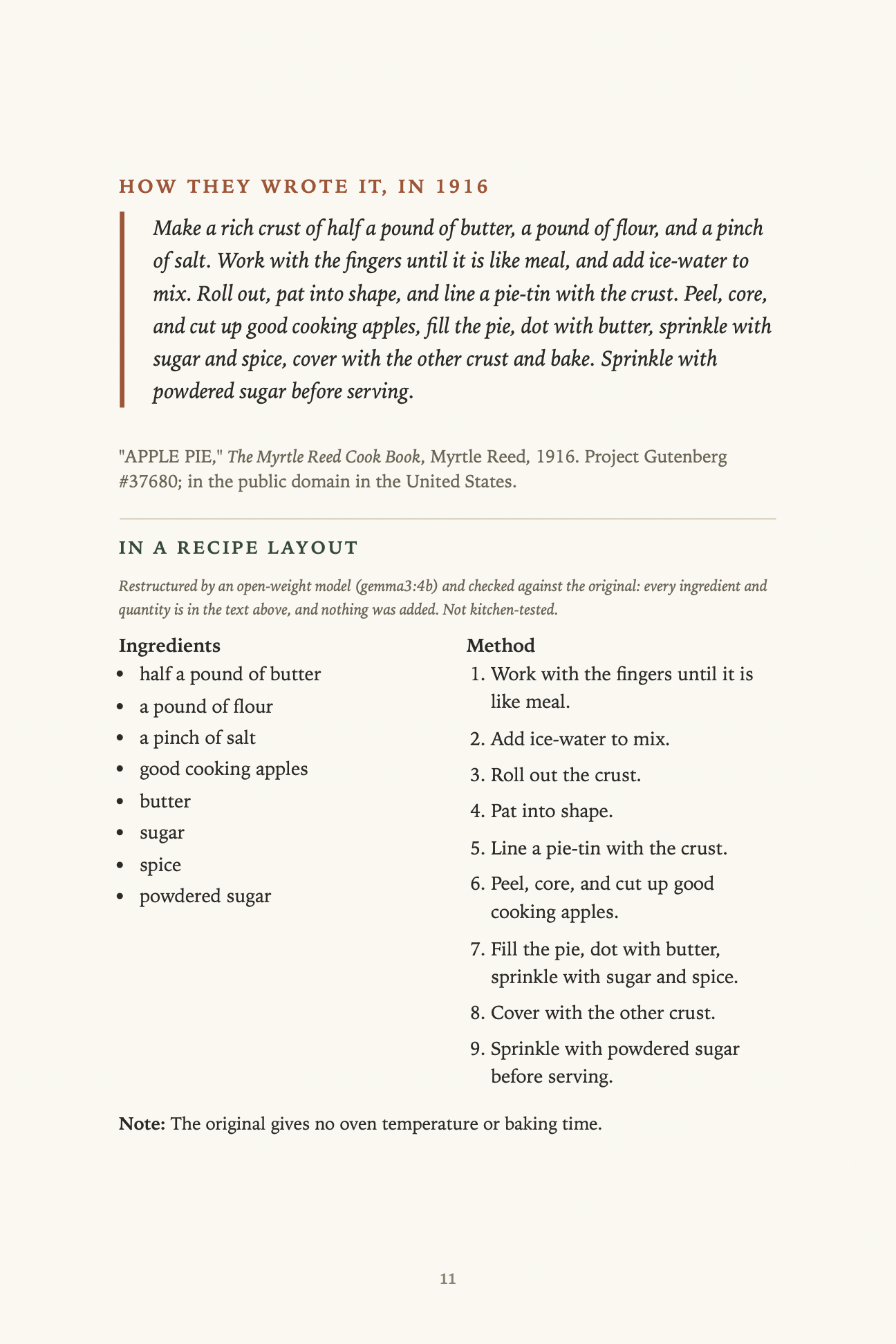 A 1916 recipe quoted word for word, then set as ingredients and method